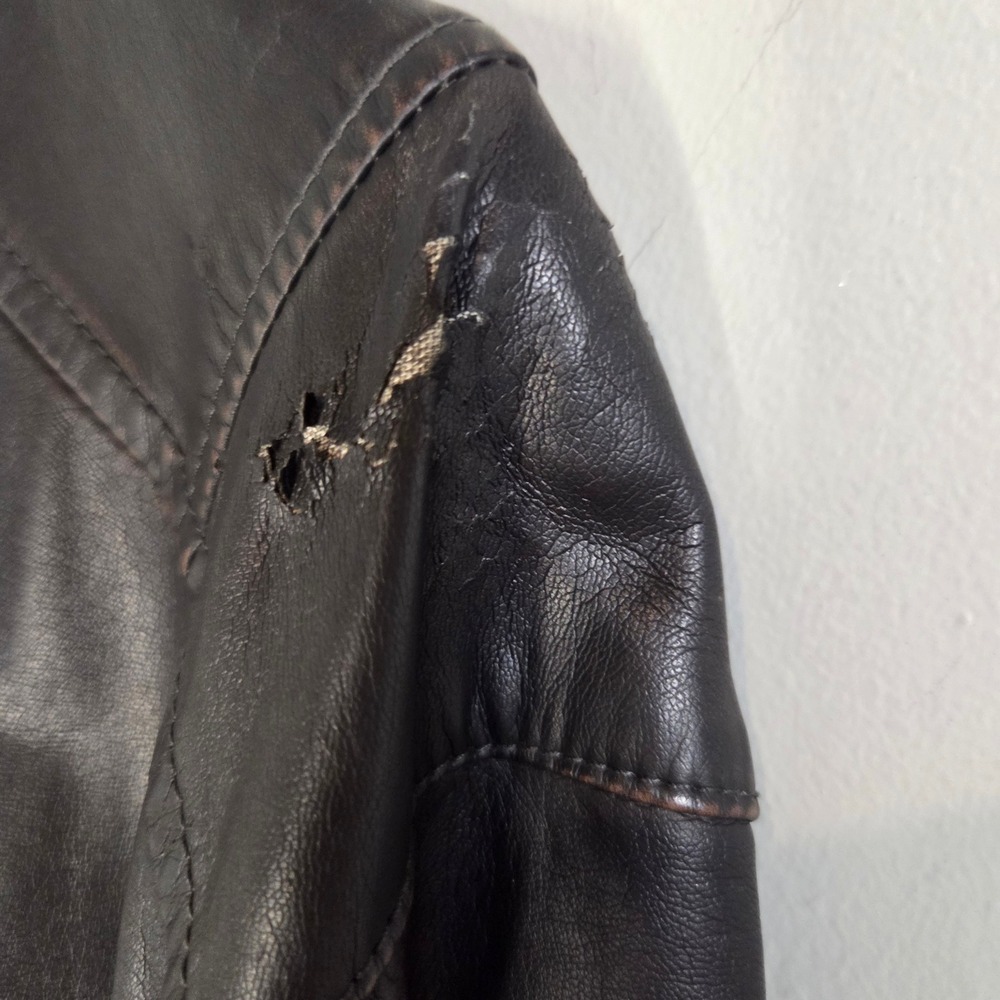 Levis Faux Leather Racer Jacket Mens Brown Moto Bomber Faux Leather Plaid Lining - Picture 7 of 8